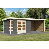 Abri de jardin en bois massif gris terre 8,88m² Kastorf 7 avec appentis 320cm et paroi arrière et latérale – Karibu Ma boutique